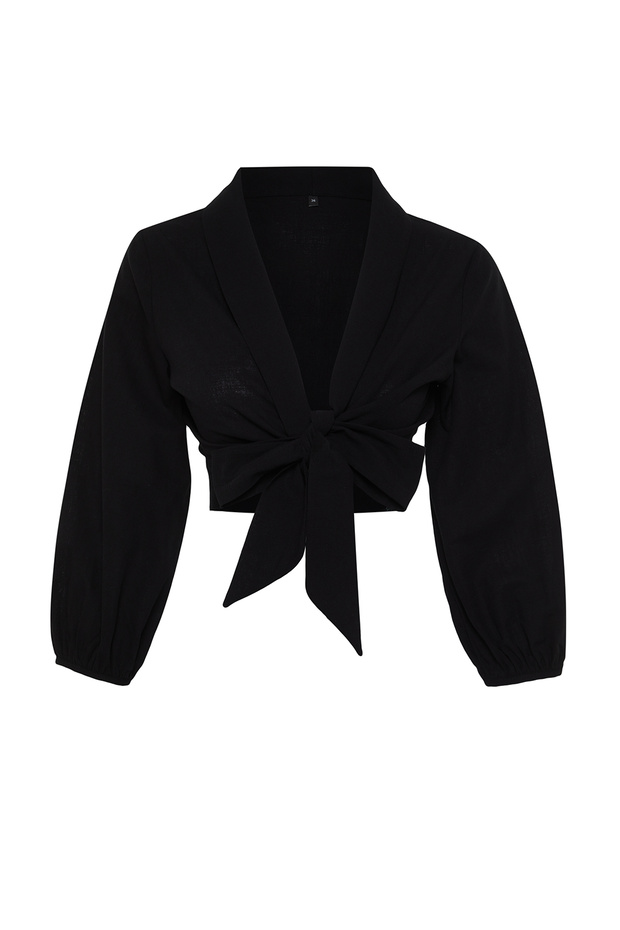 Siyah Dokuma Bağlamalı Plaj Crop Bluz TBESS24BZ00006 - 13