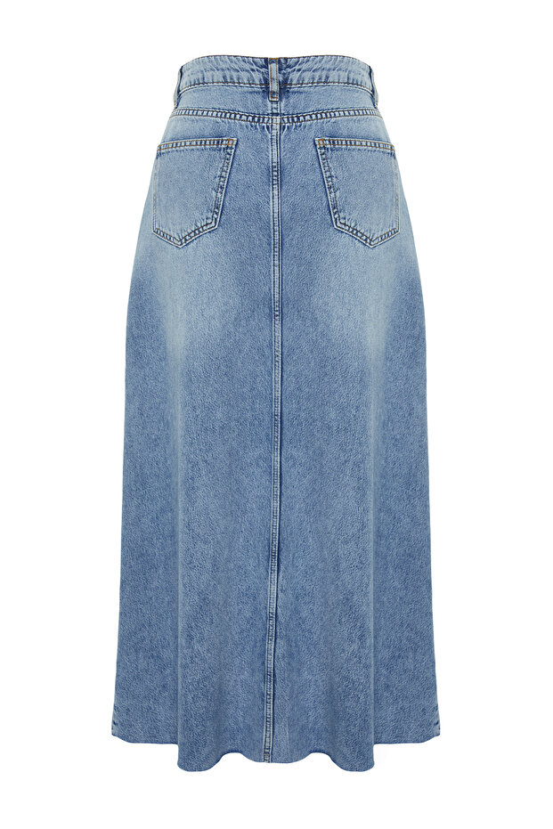 Mavi Volanlı Dikiş Detaylı Yüksek Bel Maxi Denim Etek TWOSS24ET00012 - 16