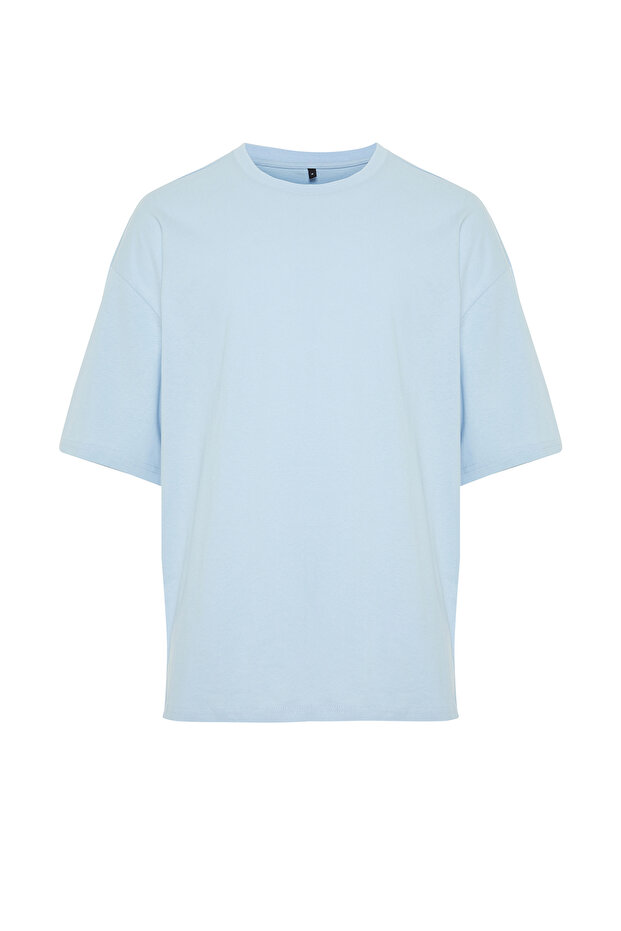 Açık Mavi Oversize/Geniş Kesim %100 Pamuklu Kısa Kollu Basic T-Shirt TMNSS22TS0318 - 10