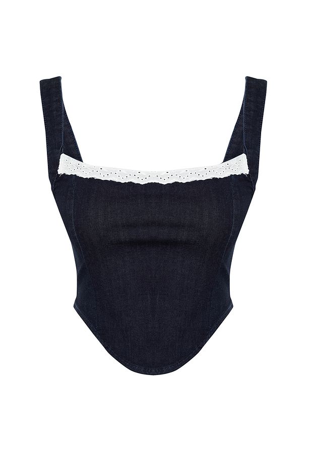 Koyu Mavi Dantel Yaka Detaylı Askılı Denim Crop Büstiyer TWOSS24BS00010 - 7