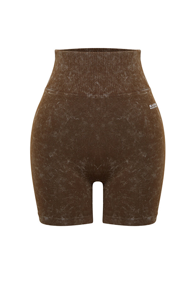 Kahverengi Seamless/Dikişsiz Yıkamalı Örme Spor Şort/Kısa Tayt THMSS23TY00034 - 8