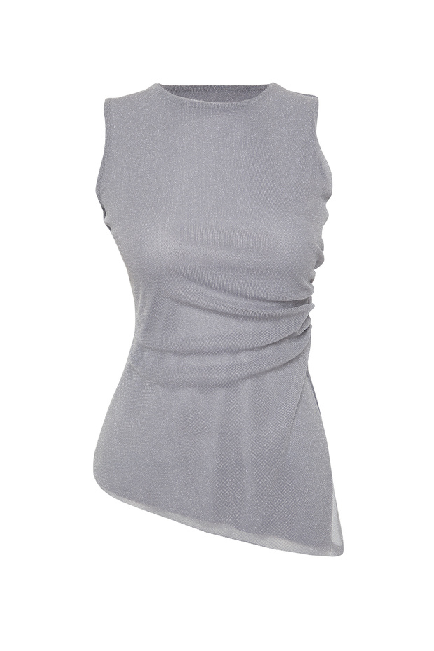 Gri Tül Büzgülü Regular/Normal Kalıp Sıfır Kol Esnek Örme Bluz TWOSS24BZ00315 - 7