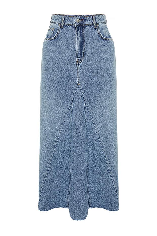 Mavi Volanlı Dikiş Detaylı Yüksek Bel Maxi Denim Etek TWOSS24ET00012 - 15