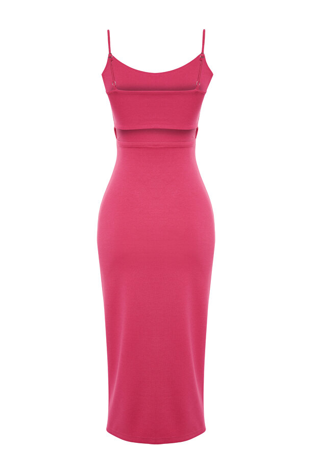 Fuşya Cut Out Detaylı Yırtmaçlı Vücuda Oturan Askılı Midi Esnek Örme Kalem Elbise TWOSS24EL00139 - 8