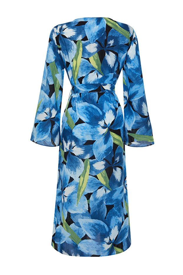 Plaj Giyim %100 Pamuk Çiçek Desenli Dokuma Kuşaklı Maxi Kimono&Kaftan TBESS24KM00014 - 9
