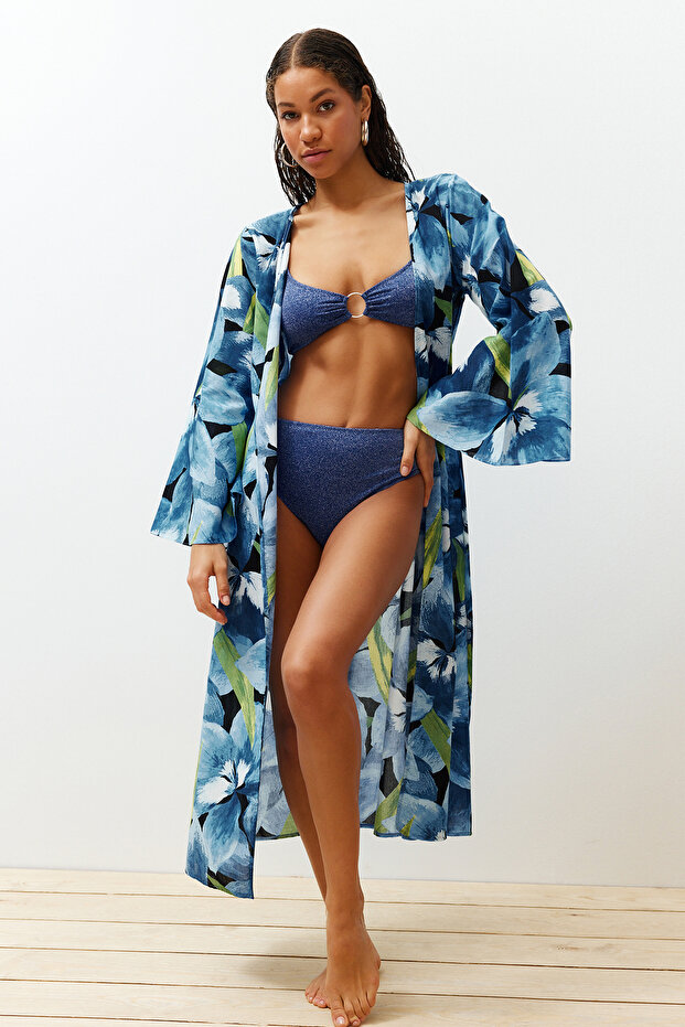 Plaj Giyim %100 Pamuk Çiçek Desenli Dokuma Kuşaklı Maxi Kimono&Kaftan TBESS24KM00014 - 1