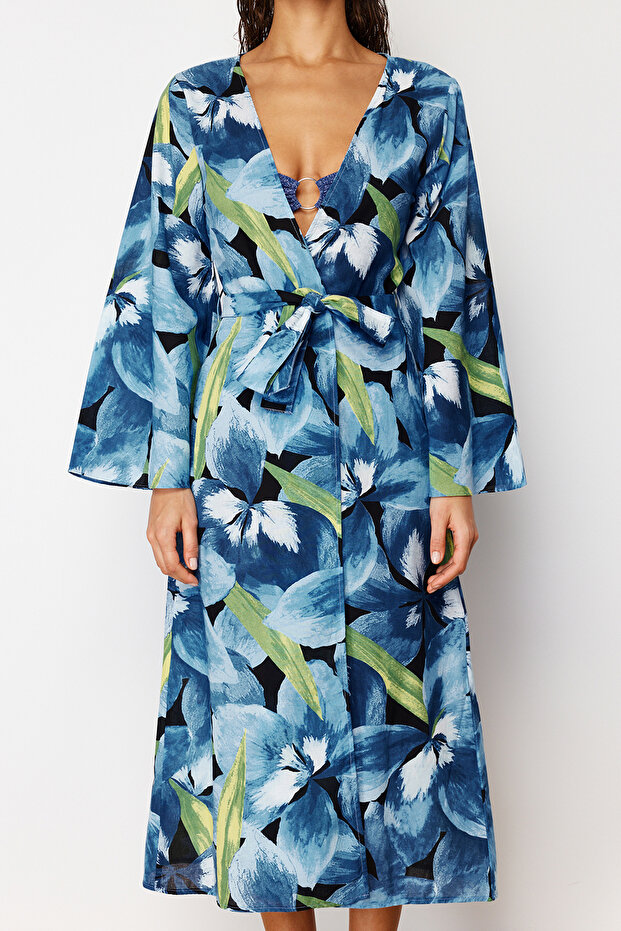 Plaj Giyim %100 Pamuk Çiçek Desenli Dokuma Kuşaklı Maxi Kimono&Kaftan TBESS24KM00014 - 5