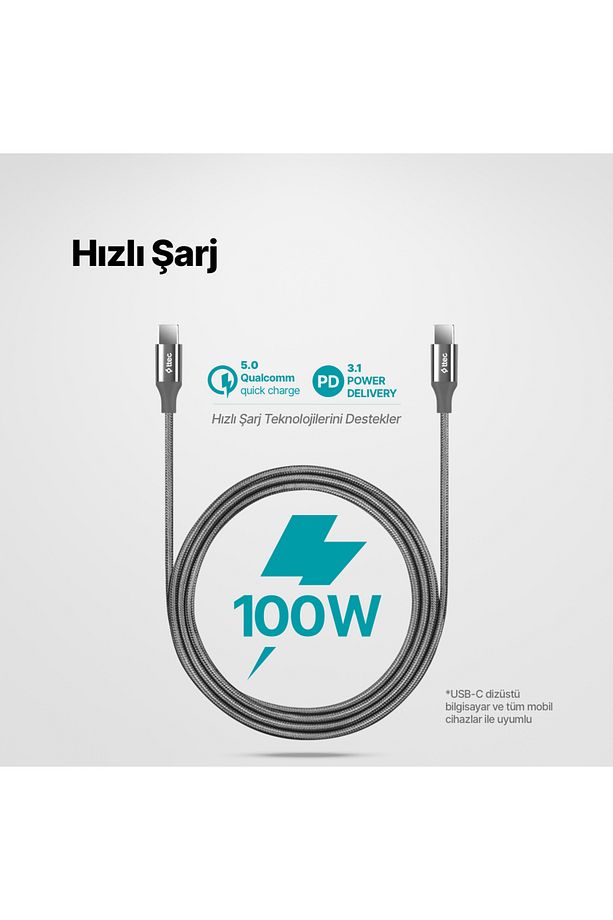 AlumiCable USB-C - USB-C 150cm 100W PD/QC Hızlı Şarj/Data Kablosu Uzay Grisi - 2