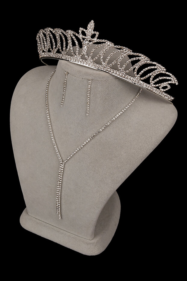 Shiny Waterway Model Crystal Stone Evening Dress Necklace Earring Set And Tulip Bridal Crown