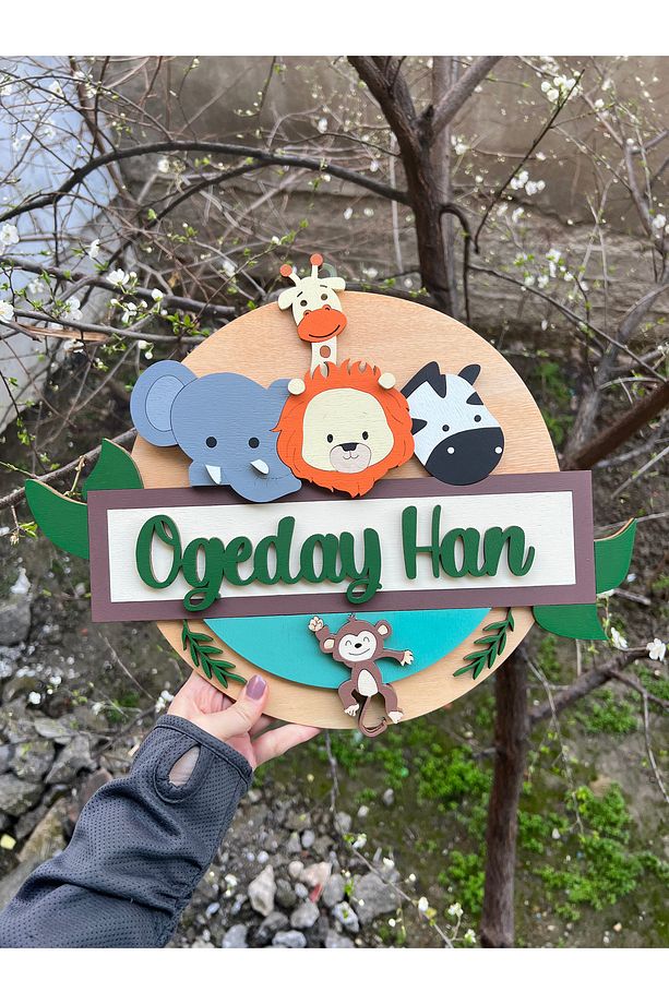 Özel Tasarım Daire Safari Hayvanlı Aslan Zürafa Bebek Ahşap Hastane Kapı Süsü - 5