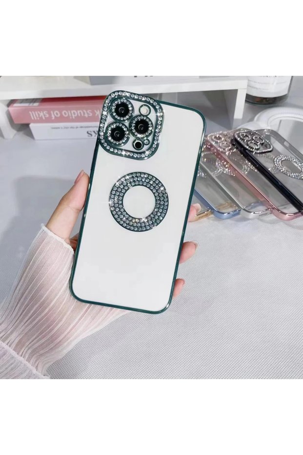 iPhone 12 Pro Green Diamond Stone Decorated Logo Visible Detailed Transparent Aesthetic Stone Case