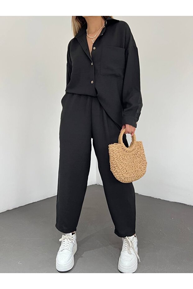 بدلة سوداء بأزرار من الكتان - 4