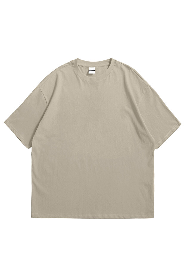 Women Men Beige Basic Oversize Plain Crew Neck Short Sleeve T-Shirt