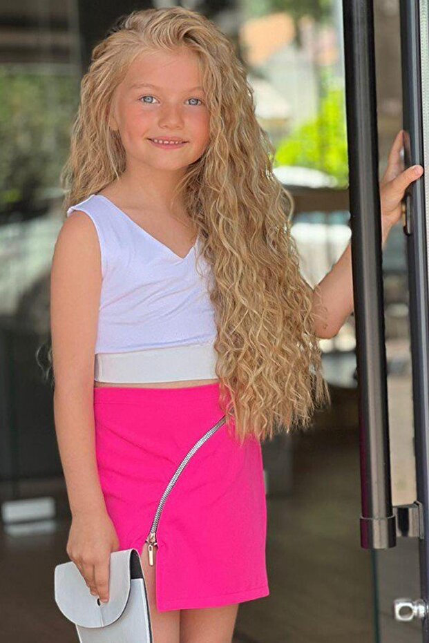 Girl's V-Neck Viscose Bodysuit and Zippered Fuchsia Skirt Set
