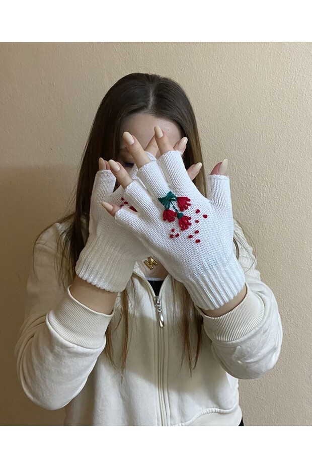 Handmade Flower Embroidered Fingers Cut Gloves - Fingerless Gloves - Gift Valentine's Day