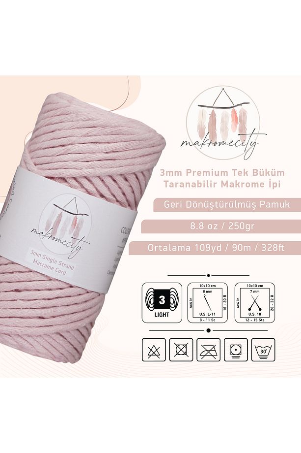Taranan Makrome Ipi 3mm Taranabilir Pamuk Makrome Ipi Makrame Ipi Bebe Pembesi - 3