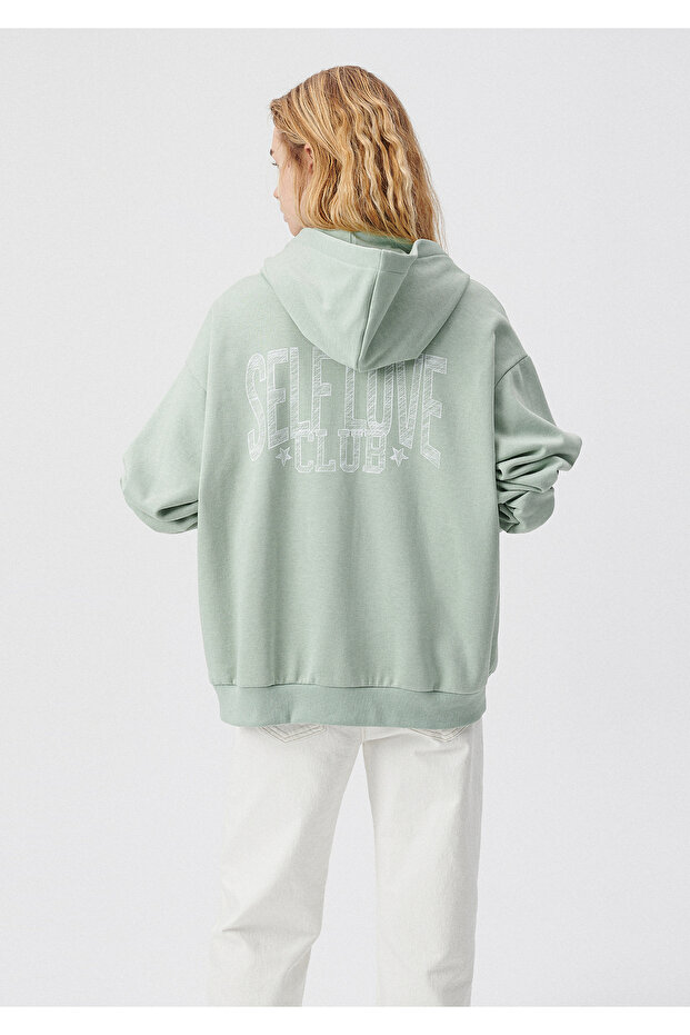 Hooded Back Printed Green Sweatshirt 1611885-71464