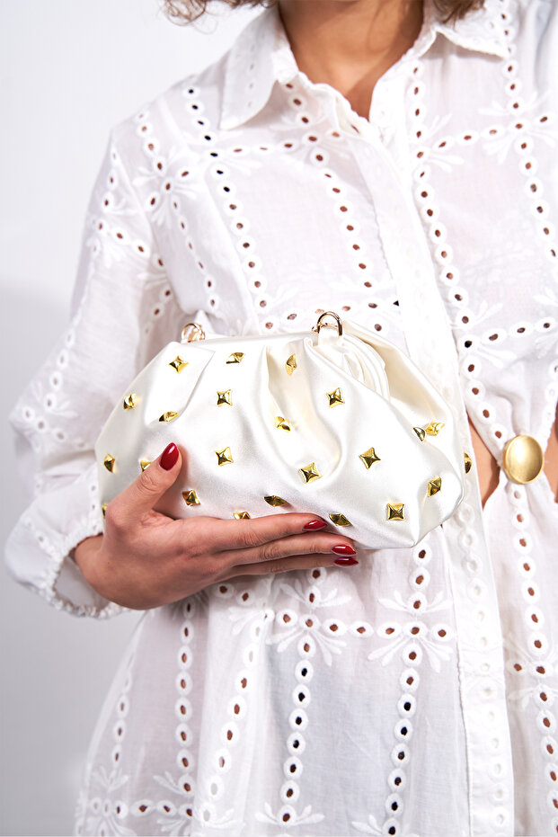 Beige Women's Satin Gold Stone Clutch Evening Bag