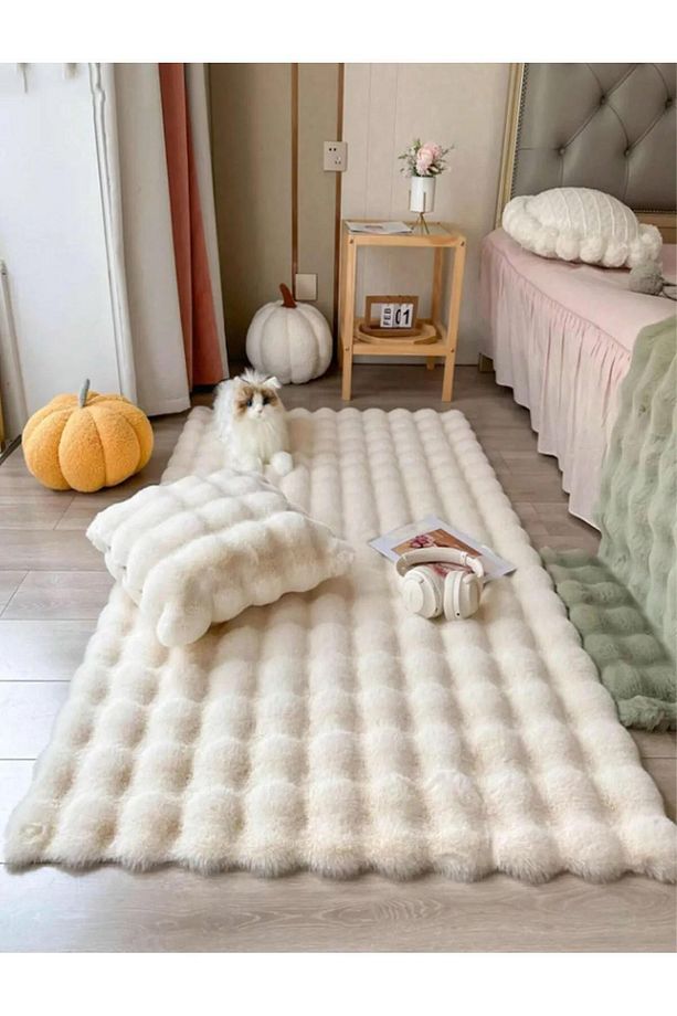 Puffy Bubble Tavşan Tüyü Kaymaz Makinede Yıkanabilir Salon Koridor Mutfak Halı Bej - 1