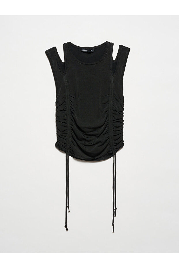10366 Crew Neck Shoulder Middle Drop Front Gathered Knitwear Athlete-Black