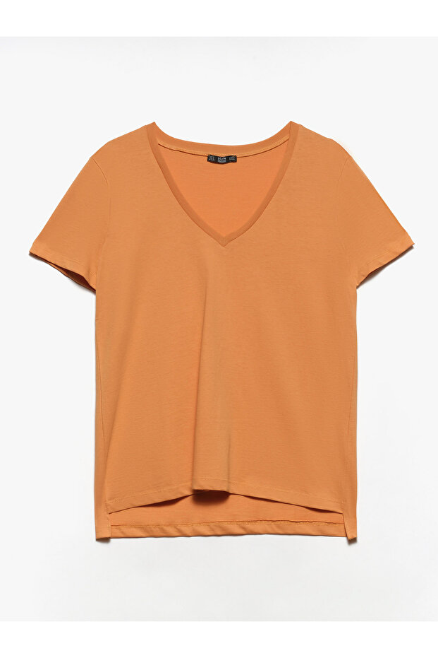 3470 V Yaka Basic T-shirt-şeftali - 1