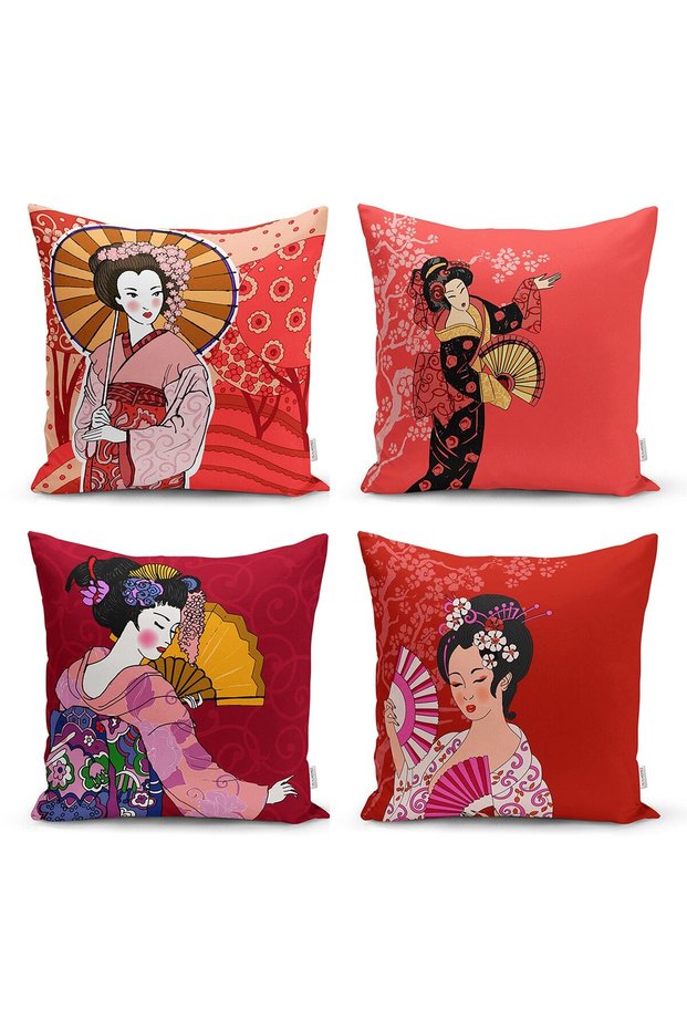 Red Japanese Girls Designed 4-Piece Decorative Throw Pillow Cover Set
