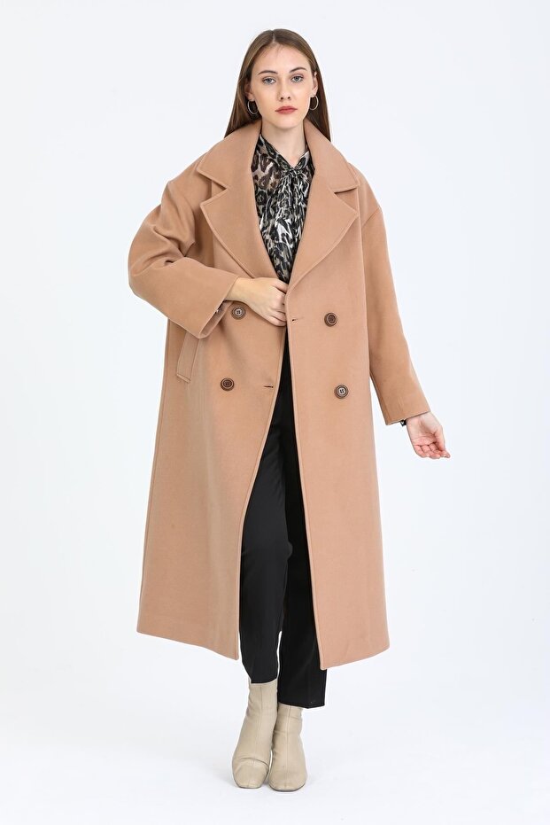 Kadın Camel Düğmeli Oversize Düğmeli Kaban - 6
