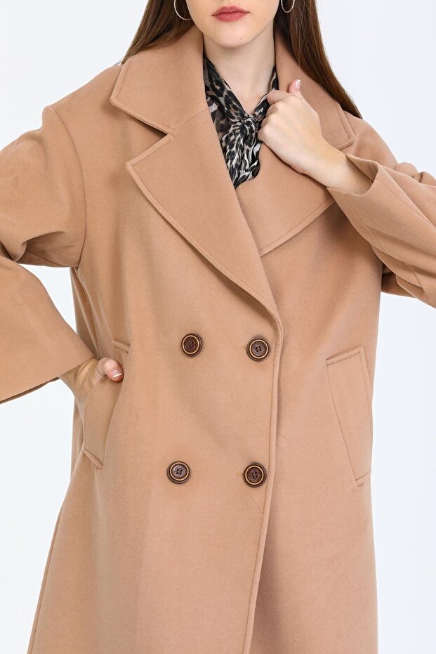 Kadın Camel Düğmeli Oversize Düğmeli Kaban - 7