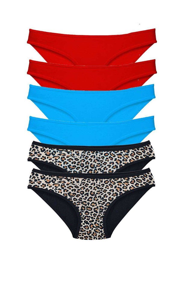 6 Pieces Lycra Women's Slip Panties Leopard Red Blue
