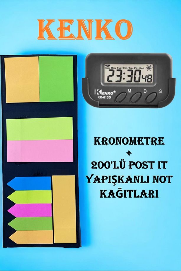 Kronometreli Öğrenci Ders Çalışma Saati + Post-it Yapışkanlı Not Kağıdı 10 renk 200'lü Kare Modeller - 1