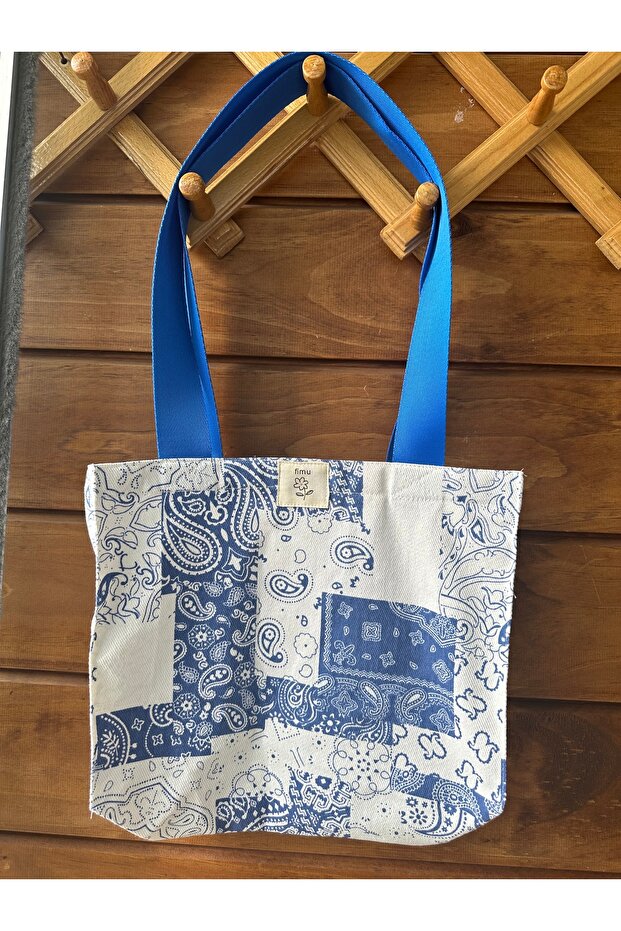 Fimu Denim Blue Pattern Gusseted Cloth Bag