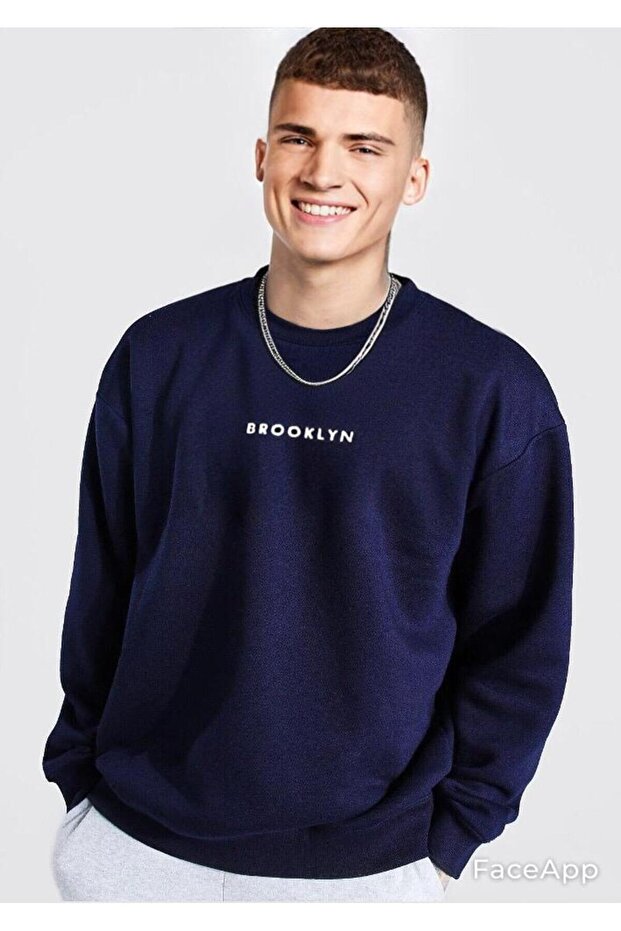 Lacivert Sweat Brooklyn Baskılı Oversize - 1