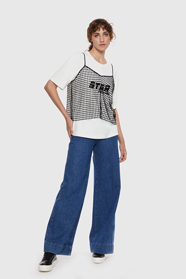 Baskılı File Atletli Ekru Örme Bluz - 1