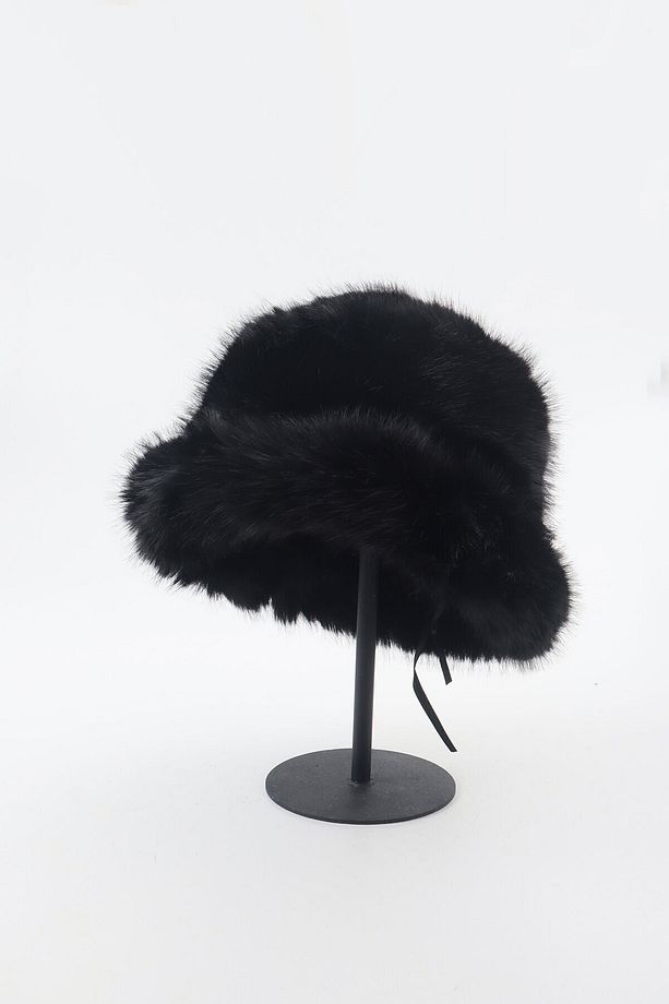 Siyah Yuvarlak Şapka Peluş Bucket Şapka - 2