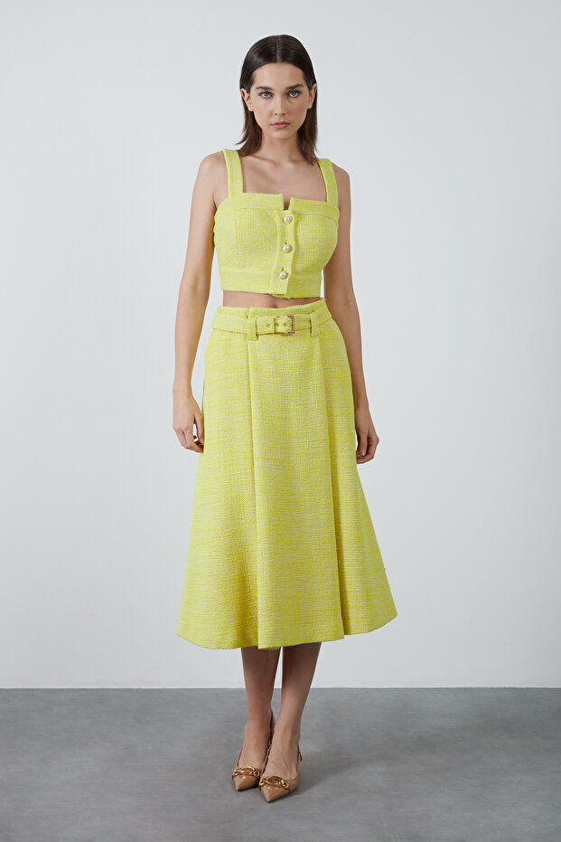 Kemerli Midi Tüvit Kumaş Etek - 1