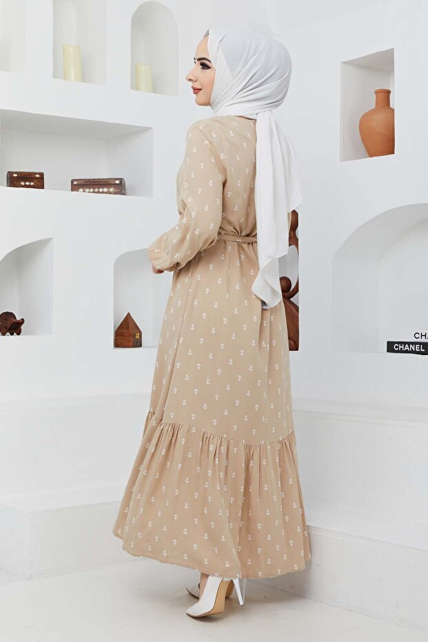 Çapa Viskon Elbise - Bej - 5