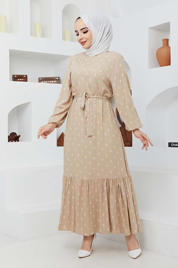 Çapa Viskon Elbise - Bej - 4