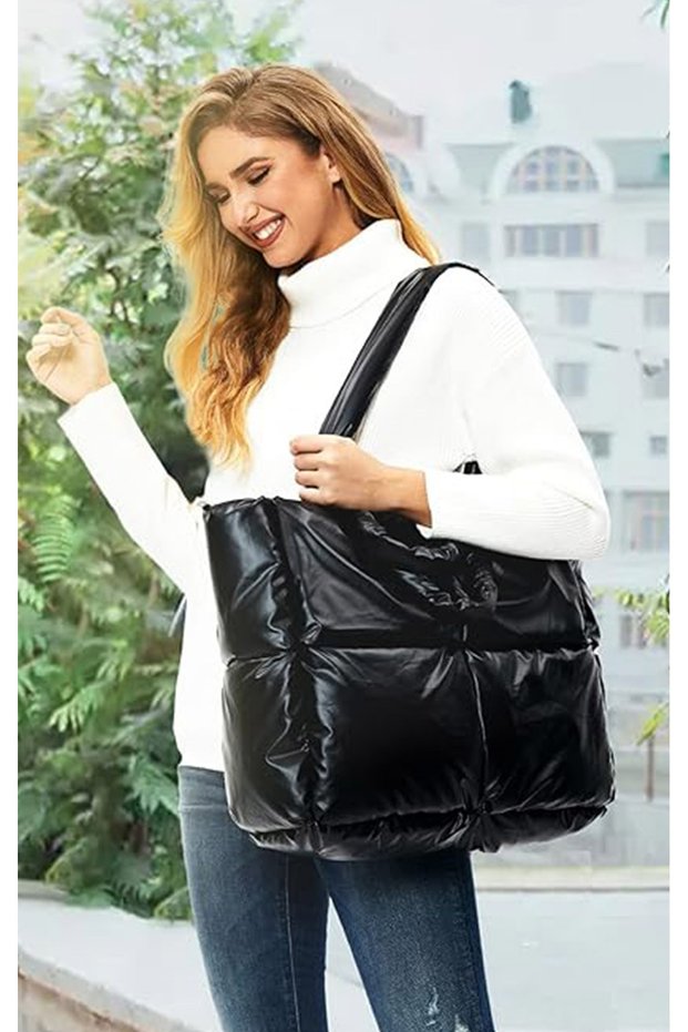Black Embossed Puff Fabric Shopper Bag