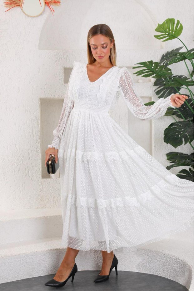 WOMEN'S WHITE GIPPED DOTS V-NECK GRADMATION NICAH TULLE DRESS YY101083