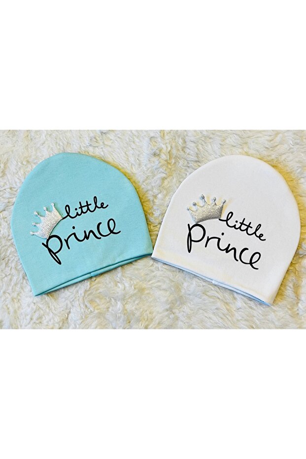 2-Piece White-Green Prince Printed Baby Boy Combed Cotton Hat Beret