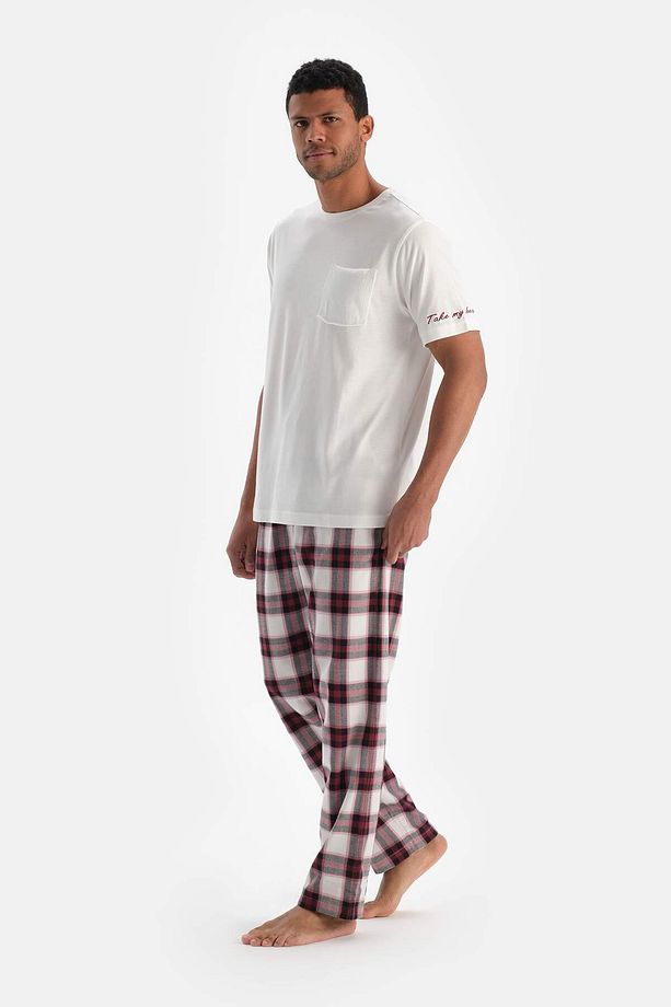 Ekru Nakış Detaylı Altı Dokuma Ekoseli Tişört Pantolon Pijama Takımı - 4