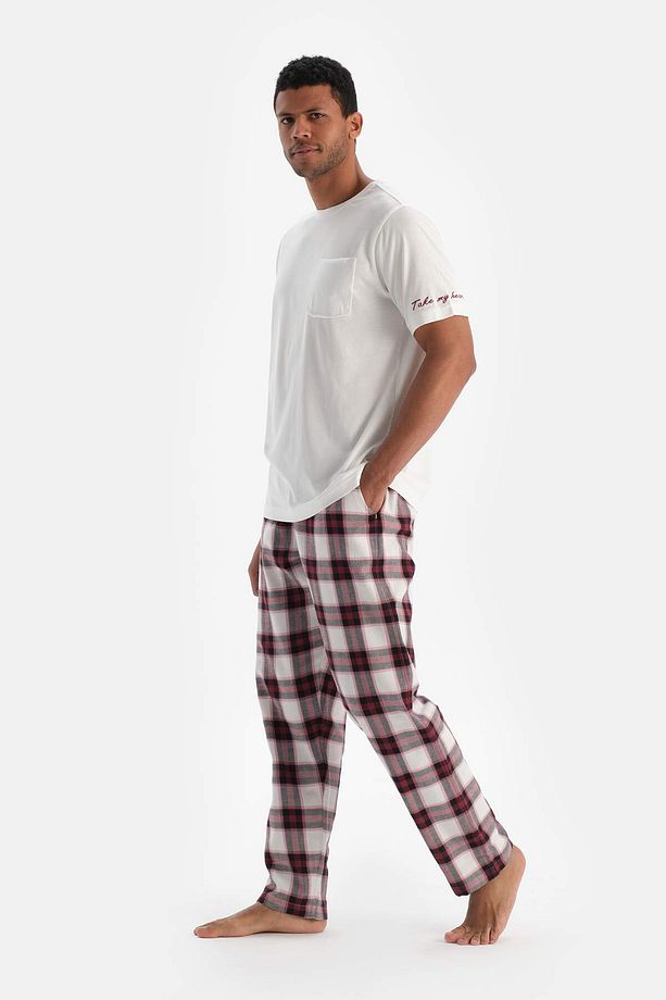 Ekru Nakış Detaylı Altı Dokuma Ekoseli Tişört Pantolon Pijama Takımı - 3