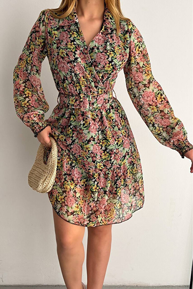 women's belt floral print mini chiffon dress NBKKLF2001