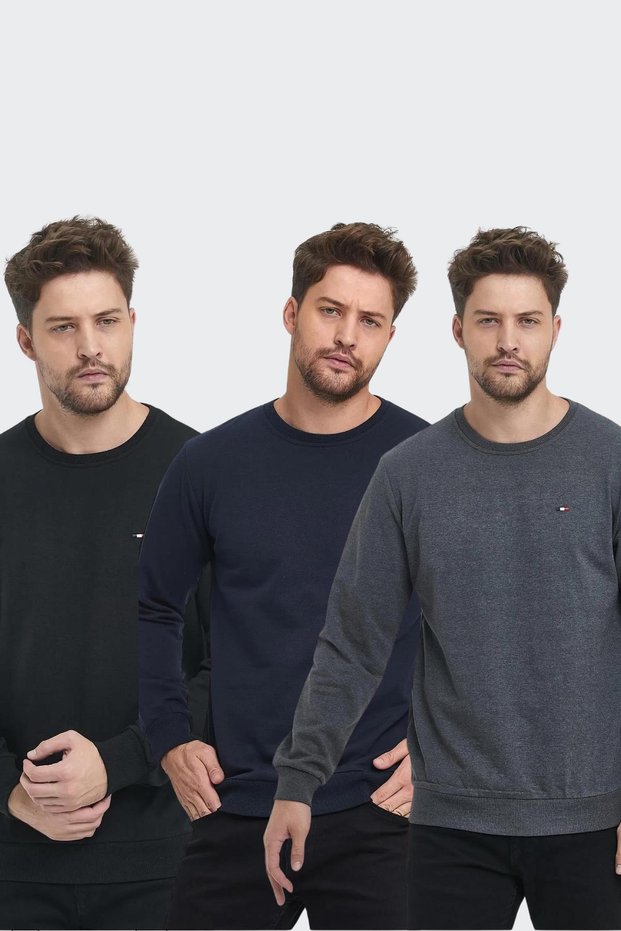 Men's Black-Navy-Anthracite Crew Neck Embroidery Detailed Regular Fit 3-Piece Sweatshirt