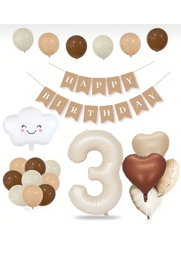 3 Year Old Retro Birthday Set; Cream Number Foil, Banner, Heart Foil and Latex Balloon