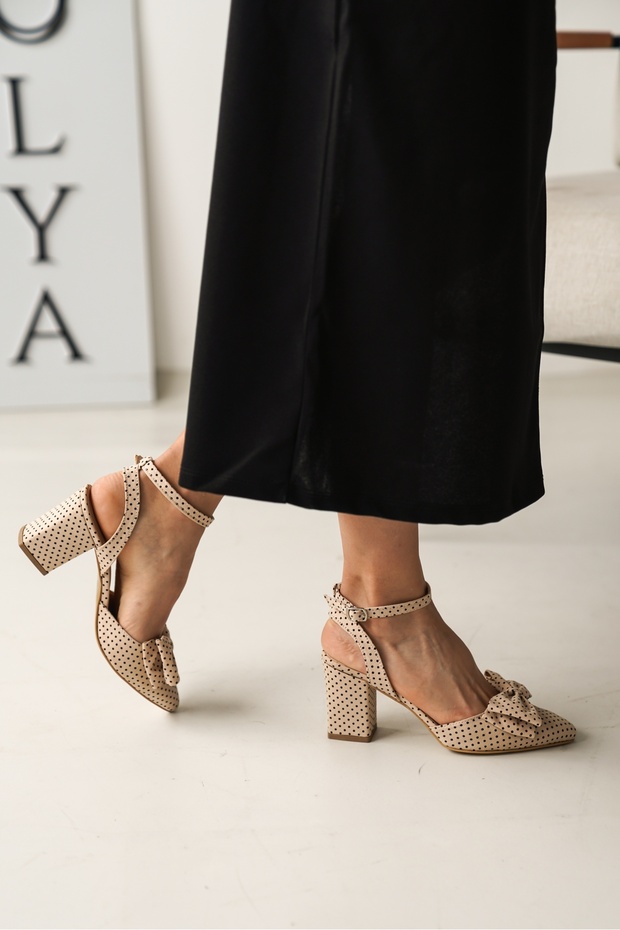 Deep Beige Polka Dot Bow Casual Heels - 3