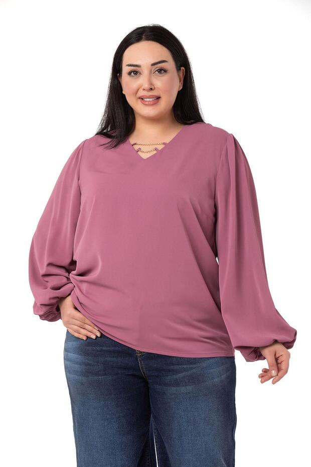 Plus Size Dried Rose Blouse with Chain Detail on Collar and Elastic Sleeves
