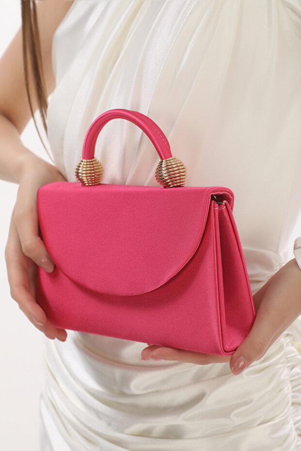 Fuchsia Color Satin Fabric Evening Dress Women's Bag Handheld and Long Strap Use (Chain Strap)