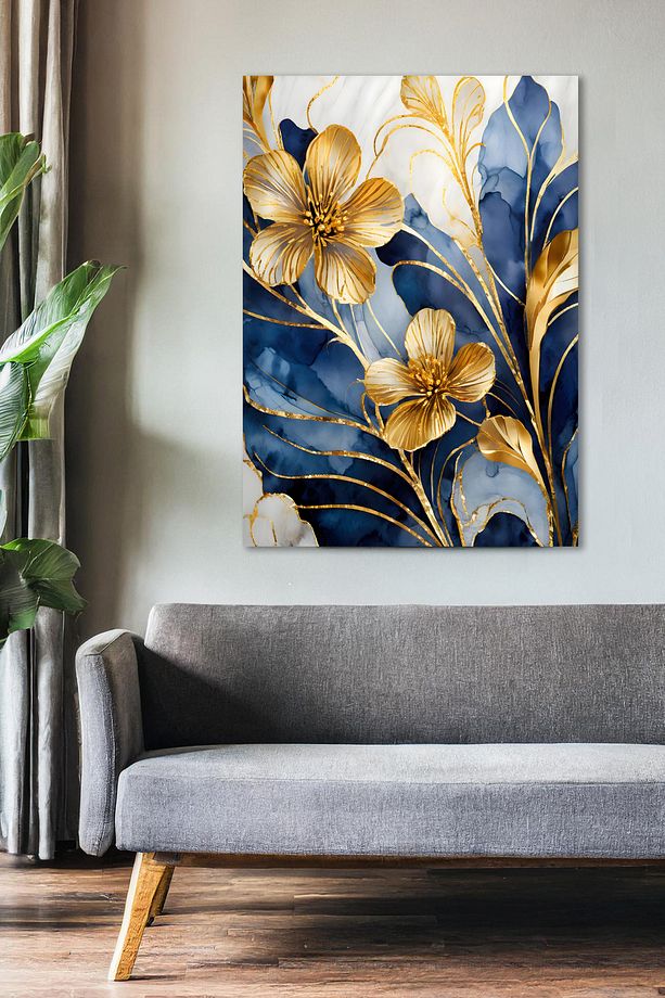 Mavi Gold Çiçekler Kanvas Tablo - Duvar Tablosu - Canvas Tablo Duvar Dekorasyonu - 4