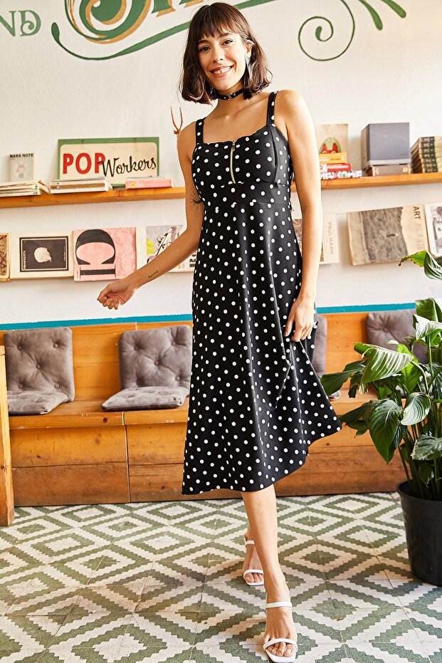 Kadın Siyah Puantiyeli Fermuarlı Büyük Palmiye Desenli Elbise ELB-19000615 - 1